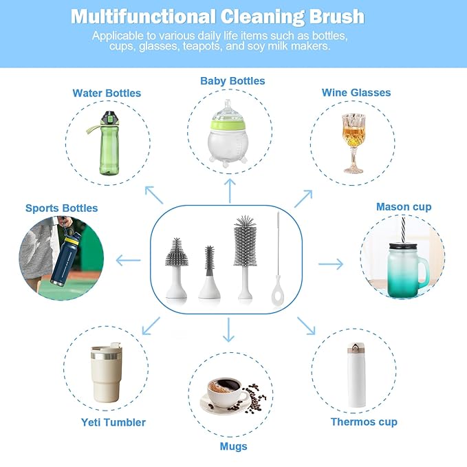 Electric Baby Bottle Brush Set with Rechargeable Electric Bottle Brush Cleaner and Replaceable Silicone Bottle Brushes and Straw Brush Cleaner Waterproof Multi-Purpose Cleaning Brush (White)