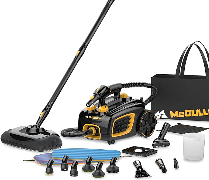 McCulloch Canister Steam Cleaner MC1375 90 Minute Runtime 20 Accessories Jet Nozzle Brushes &amp More - Steam Cleaner for Home Tile Carpet Furniture &amp Personal Car Detailing