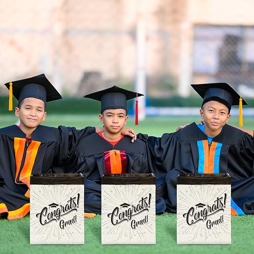12 Pcs Graduation 13 Gallon Disposable Trash Cans Graduation Trash Bins with 15 Pcs Garbage Bag 1 Roll Double Sided Tape Graduation Disposable Garbage Can for Graduation Party