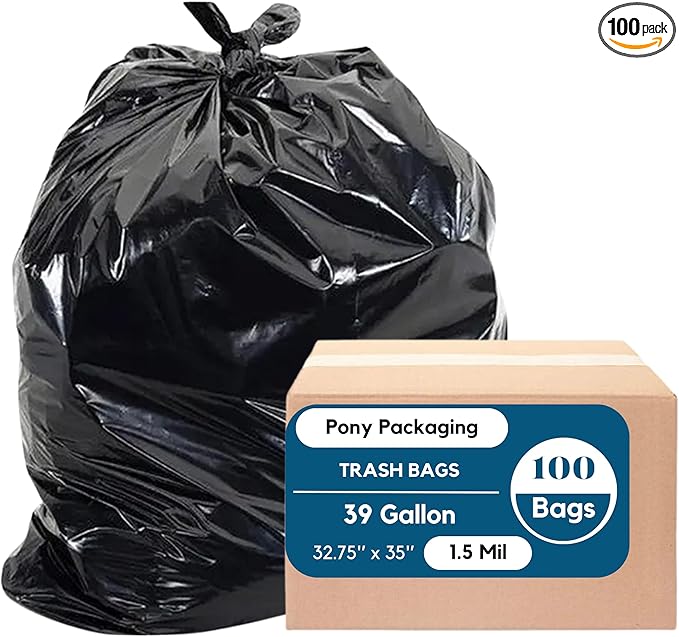 39 Gallon Trash Bags Heavy Duty | 100 Bags | Black Garbage Bags | 1.5 Mil | Made in USA