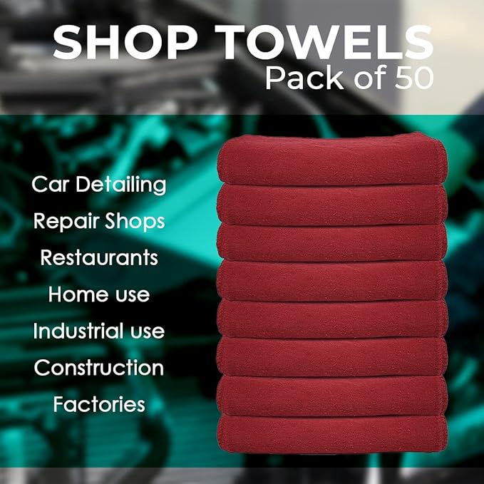 Avalon Towels Cotton Shop Rags – (Pack of 50) Size 12x14 Inches Cleaning Rags – Absorbent Shop Towels and Multipurpose Cleaning Towels for Automobiles Industries Garage and Homes (Red)