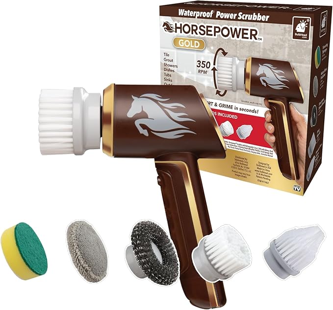Horsepower Scrubber Gold Edition Longer Battery Life Electric Power Rechargeable Spins 350 RPM Waterproof 5 Brush Heads AS SEEN ON TV Cleans Dirt &amp Grime: Bathrooms Kitchen Indoors/Outdo