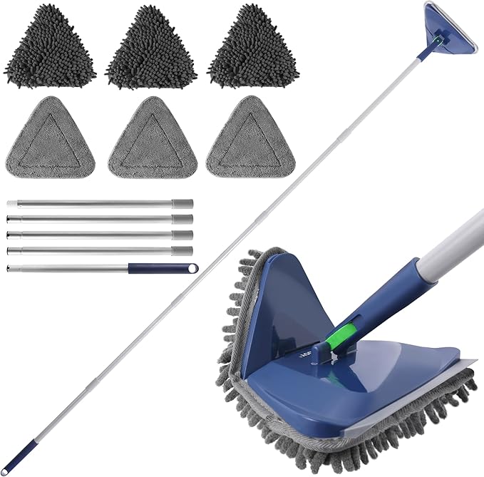 BOOMJOY Wall Cleaner Mop with 82 Inches Long Handle Baseboard Cleaner Tool Duster with Squeegee Ceiling Cleaning Tool with 6 Replacement Pads for Painted Walls Window Floor - Blue