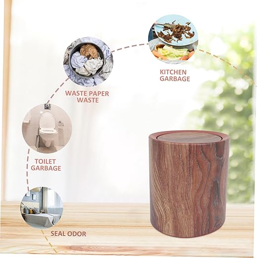 ABOOFAN Wood Grain Round Trash Can with Flip Lid Medium Capacity Garbage Bin for Home Use Compact Wastebasket for Living Room Kitchen and Bathroom Management
