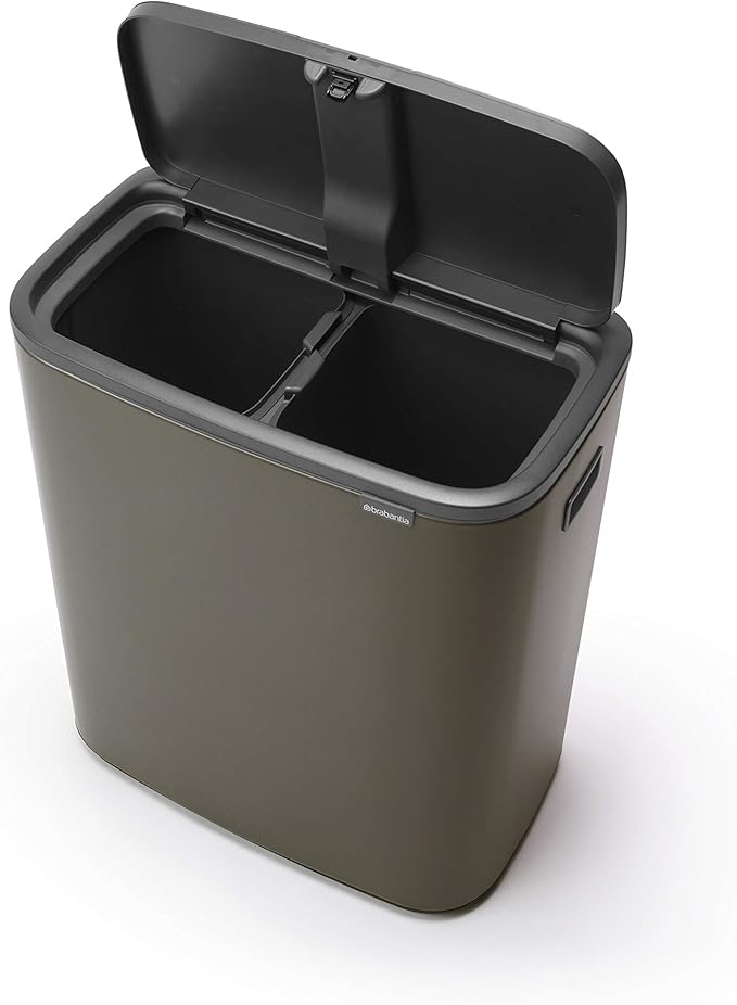 Brabantia Bo Touch Top Kitchen Trash Can with Dual Compartments | Platinum | 2 x 8 Gal Inner Buckets | Soft-Close Garbage Can Light Touch Opening Stay-Open Lid | Fits Against Wall | + Trash Bags