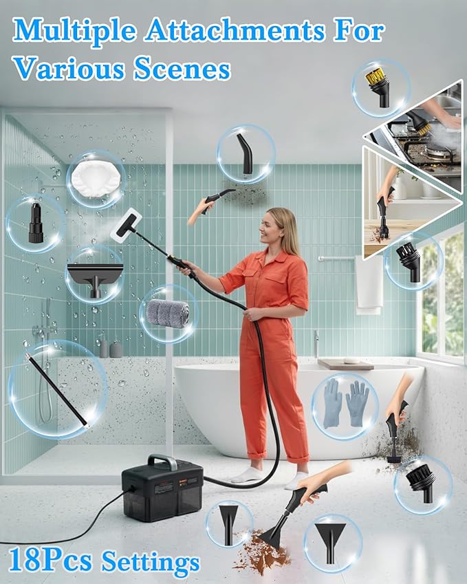 Steam Cleaner for Home - 1600ML Water Tank 15s Heat-Up Portable Steamer for Cleaning 6 Level Adjustable 2500W 45PSI 250°F Steam Handheld Steam Cleaner for Car Detailing Grease TileGrout