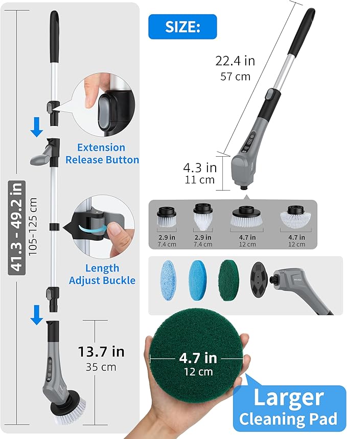 MR.SIGA Electric Spin Scrubber Cordless Cleaning Brush Shower Scrubber with 7 Replaceable Brush Head Waterproof Bathroom Power Scrubber for Kitchen and Bathroom Cleaning