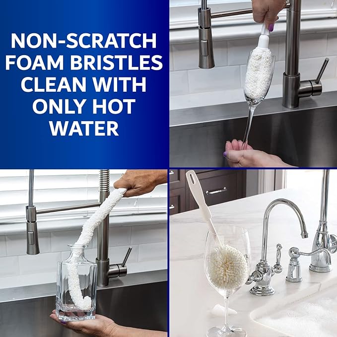 Set of 3 Glassware Cleaning Brush Kit - Non-Scratch Foam Wine Glass Cleaning Brush Set for Glassware Decanter Mug Stemware - for Home Restaurant Bar Hotel - by FryOilSaver Co.