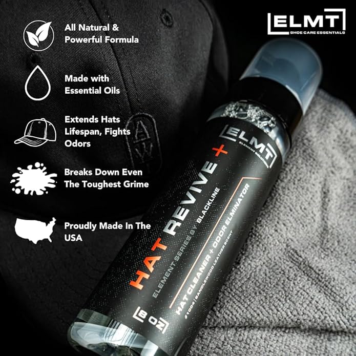 Blackline ELMT Hat Cleaning Kit — Quick-drying US-Made Cleans 50+ Hats — Hat Cleaner for Baseball Caps of all Materials Cotton Wool Leather Felt and more (8oz Solution Deodorizer Towel &amp Br
