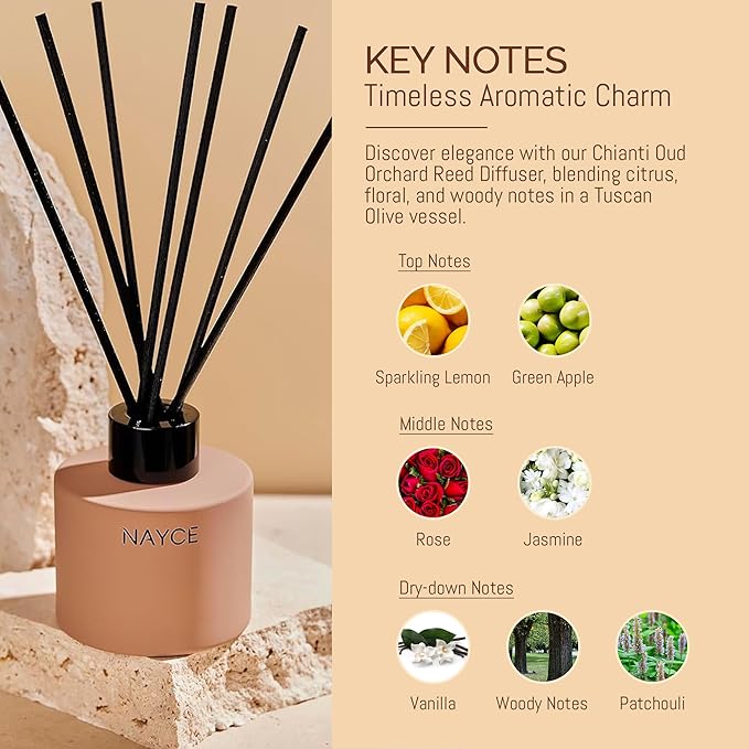 Nayce Luxury Reed Diffuser - Chianti Oud Orchard - Aromatherapy Essential Oil Diffuser Sticks - Hand-Poured in USA - Reed Diffusers for Home Bathroom Bedroom Office Decor Housewarming Gifts
