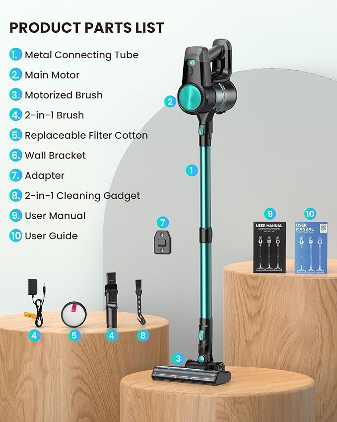 N3T Cordless Vacuum CleanerWireless Stick Vacuum with 40mins RuntimeSelf-StandingAnti-Tangle BrushRechargeable Lightweight Vacuum Cleaner for HomeHardwood FloorPet Hair Carpet-Cyan Green