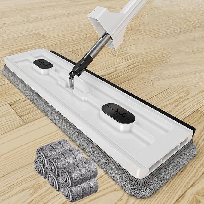 Large Flat Mop with 6 Microfiber Pads Stainless Steel Ergonomic Design Long Handle Drain Scraper 360 Rotation Floor Mop (White 1)