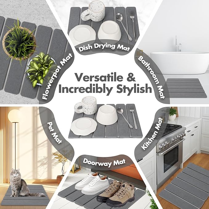 Stone Dish Drying Mat for Kitchen Counter Eco-friendly Instant Drying PadDiatomaceous Earth Water Absorbing Mat Foldable and Super Absorbent Dish Drying Stone Mat 16×12 Dark Gray