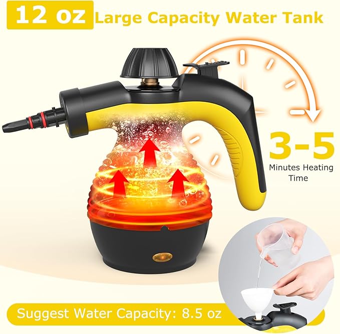 COSTWAY Handheld Steam Cleaner 1050W Portable Household Steamer with 9 Accessories 12 oz Water Tank Multipurpose Pressurized Steam Cleaning Machine for Floor Window Grease Grime (Yellow)
