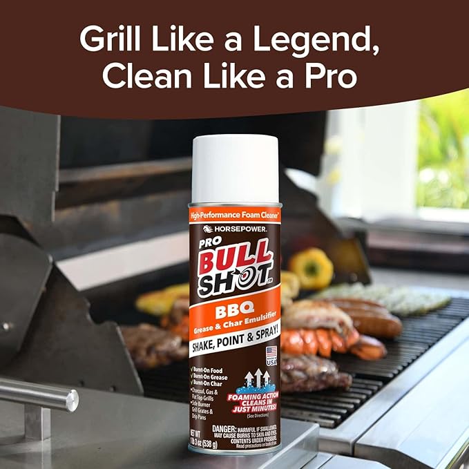 Bull Shot BBQ Pro Foaming Grill Cleaner AS SEEN ON TV Professional Strength Foam Spray Emulsifies Burnt Grease &amp Char on Grates Racks Pans Smokers &amp Griddles Cleans in Just 10 Min - Made