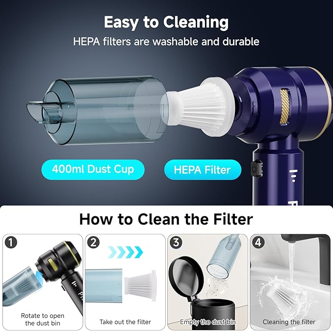 Handheld Vacuum Cordless Car Vacuum Cleaner with High Power Strong Suction Compressed Air Dusters with LED Light Mini Portable Hand Vacuum Blower for Home Pet (Navy)