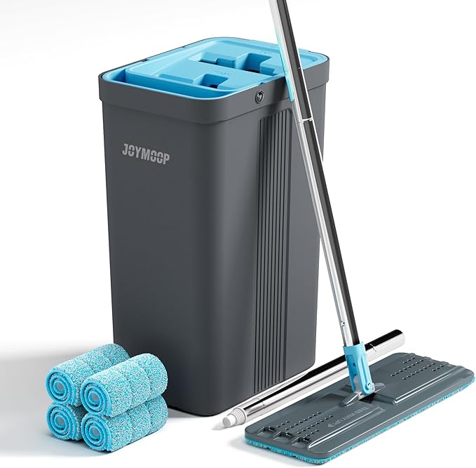 JOYMOOP Mop and Bucket Set with Wringer Mops for Floor Cleaning Wall Mop Cleaner with Long Handle with 4 Reusable Microfiber Mop Pads - Grey+Cyan Blue