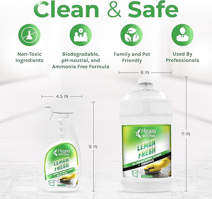 Hygea Natural Lemon Fresh All Purpose Cleaner - Chemical-Free - Removes Soil Dirt &amp Grease - Wet Gloss Finish - Biodegradable pH-Neutral &amp Ammonia Free (24oz Spray &amp 128oz Concentrated G