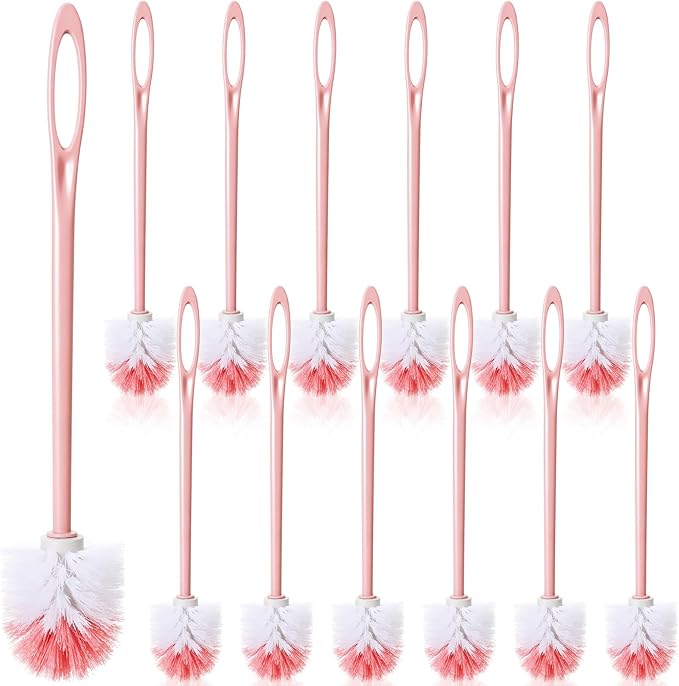 12 Pcs Extra Long Handled Toilet Brush for Bathroom 17.3 Inch Pink Toilet Brush Bulk with Hook Hole Household Cleaning Supplies Space Saving for Storage Deep Cleaning Nylon Bristles