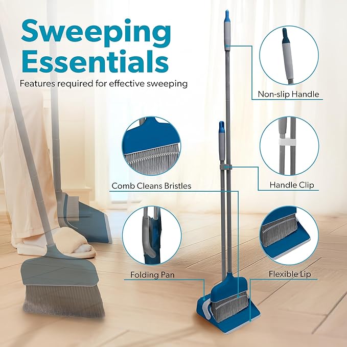 BLACK+DECKER Butler Broom &amp Dustpan Set - Stand-Up Design - Lightweight Space-Saving Combo for Kitchen Living Room Bathroom Lobby Floors - Home Cleaning Essential Ocean Blue