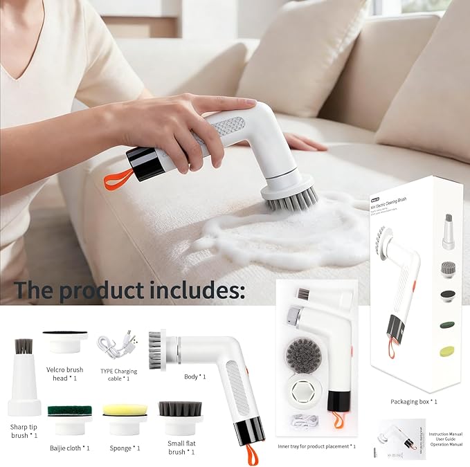 6-in-1 Electric Spin Scrubber with 5 Brush Heads – Cordless Rechargeable Dual-Speed &amp Waterproof Electric Scrubber for Cleaning Bathroom Tile Floor Window Kitchen Sink