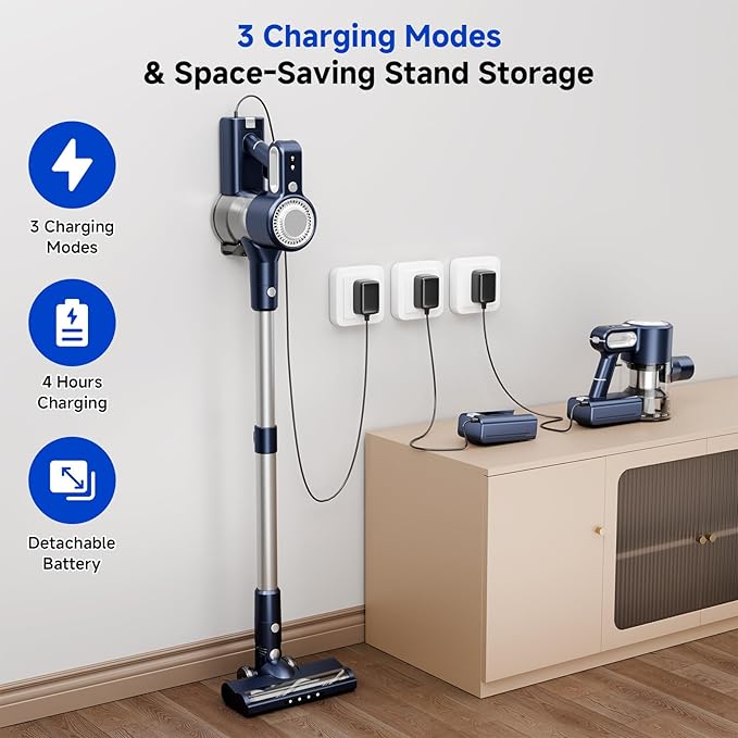 Cordless Vacuum Cleaner for Home: 6-in-1 Stick Vacuum with Powerful Suction Rechargeable Anti-Tangle Pet Hair Brush Self-Standing Green LED Headlight Vacuum for Carpet &amp Hardwood Floors-Dark B