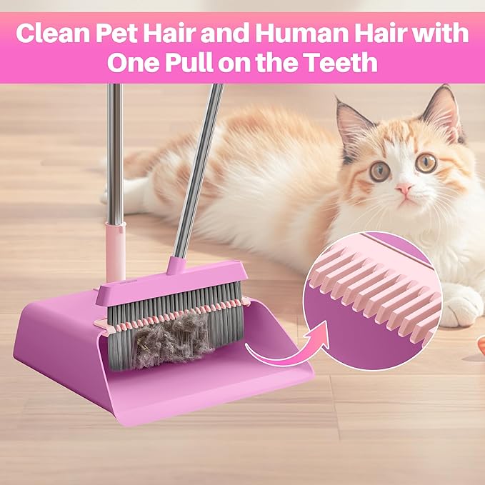 JOYMOOP Pink Broom and Dustpan Set Upright Angle with Built-in Comb Teeth for Kitchen Lobby Pet Hair and Hard Floors