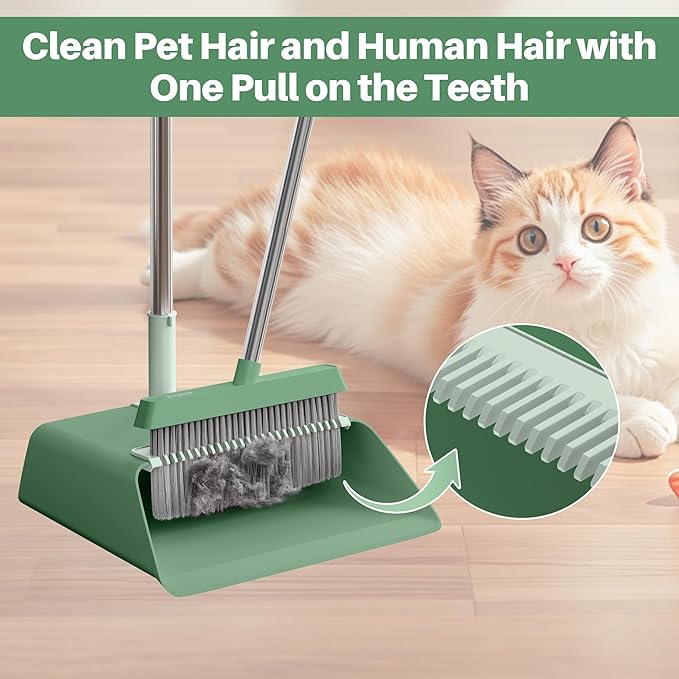 JOYMOOP Dark Teal Green Broom and Dustpan Set Upright Angle with Built-in Comb Teeth Ideal for Home Office Hardwood Pet Hair