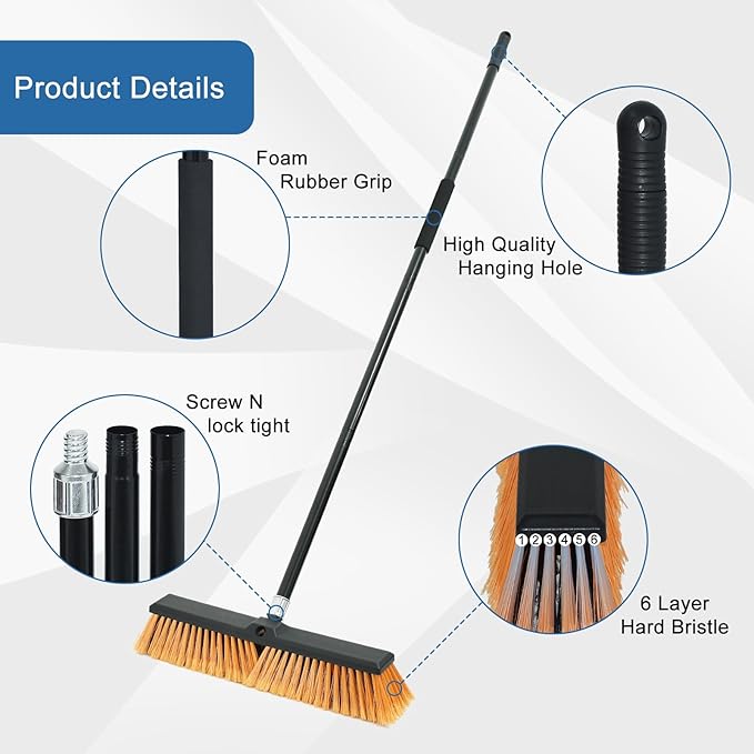 PBHEPJ 24 Inchs Push Broom Outdoor Heavy Duty Shop Broom with 60 Long Handle for Cleaning Outdoor or Indoor Tile Garage Shop Deck Concrete Wood Stone Patio Floor
