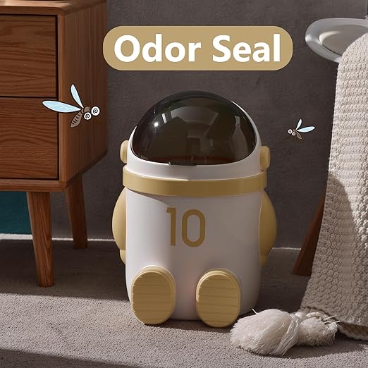 URALFA Astronaut Trash Can 12 Liter /3.2 Gallon Bathroom Trash Can with Lid Cute Trash Bin for Kids Plastic Garbage Can with Swing Lid Spaceman Wastebasket for Bedroom Dorm Living Room Khaki
