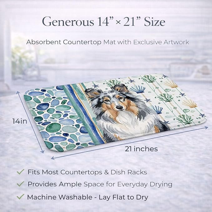 Caroline's Treasures Blue Merle Sheltie Coastal Sea Glass Dish Drying Mat Absorbent Dish Drying Mat Pad for Kitchen Counter Dish Drainer Mat for Countertop 14 x 21 Multicolor