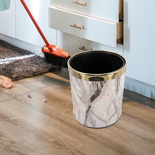 Marble Pattern Wastebasket with Gold Ring Round Plastic Bathroom Trash Can Kitchen Garbage Container for Residential and Hospitality Use