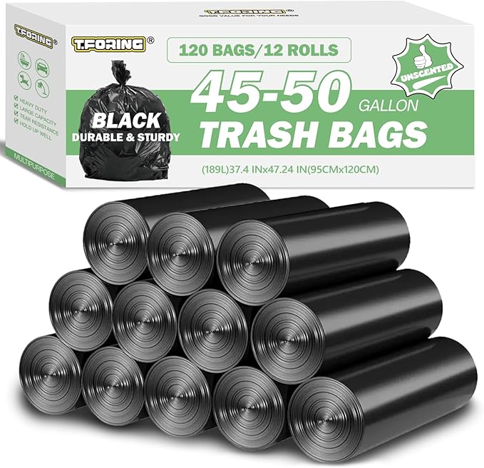 45-50 Gallon Black Trash Bags 120 Count - 38''x47'' Large Garbage Bags Unscented 40+ Gallon Trash Can Liners Multipurpose for Office Outdoor Yard and Commercial