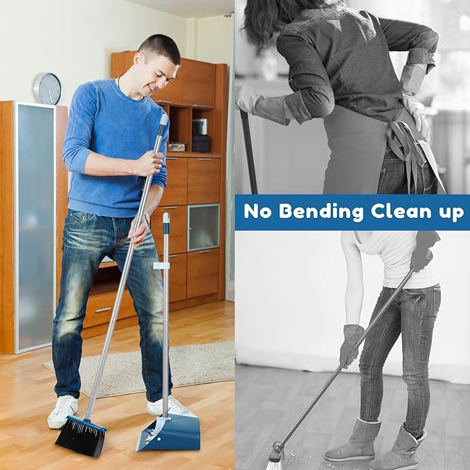 Standing Dustpan and Broom Set with 52 Long Extendable Handle for Home Indoor Kitchen Room Office Lobby Floor Cleaning