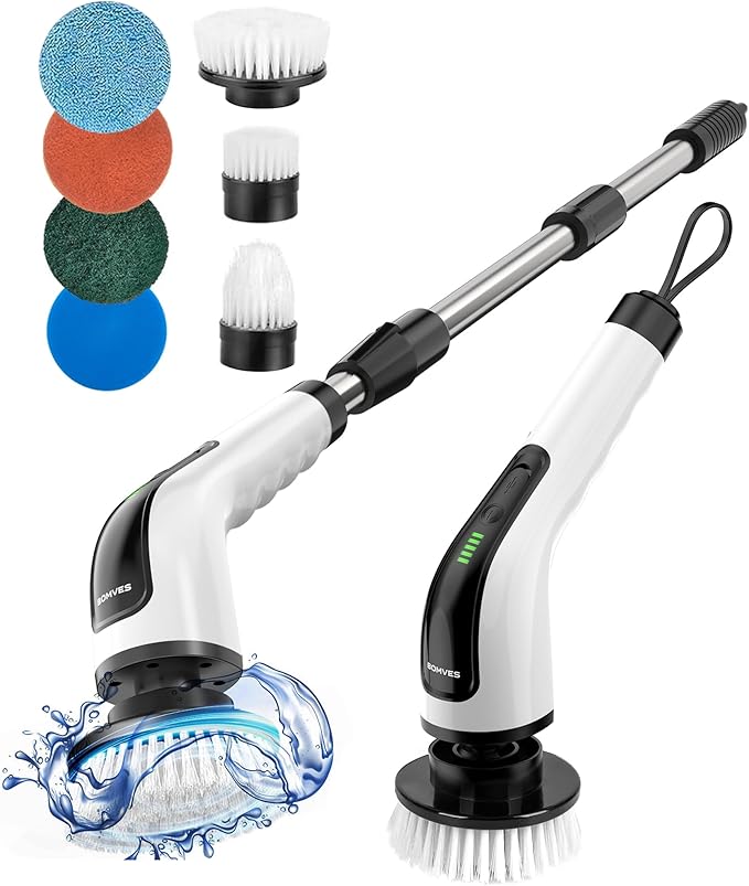 Electric Spin Scrubber Cordless Cleaning Brush Scrubber for Home 8 Replaceable Brush Heads-90Mins Work Time 3 Adjustable Size 2 Speeds for Bathroom Shower Bathtub Glass Car