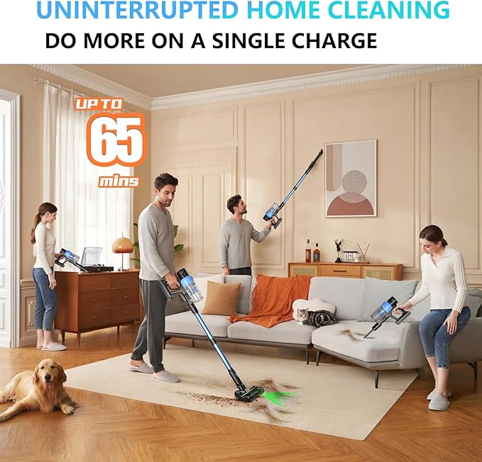 Cordless Vacuum Cleaner Max 400W 48kPa 65min Cordless Stick Vacuum Cleaner With Green Light Self-Standing Anti Tangle Wireless Rechargeable Vacuum Cleaners For Home/Hardwood Floor/Pet Hair/Carpet