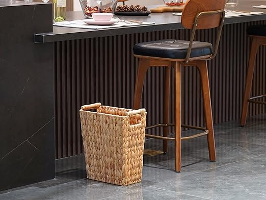 6 Gallon Wicker Trash Can with Wooden HandleWicker Waste Basket for BathroomBedroomLarge Narrow Water Hyacinth Trash BasketRattan Boho Decor Farmhouse Bathroom Trash Can