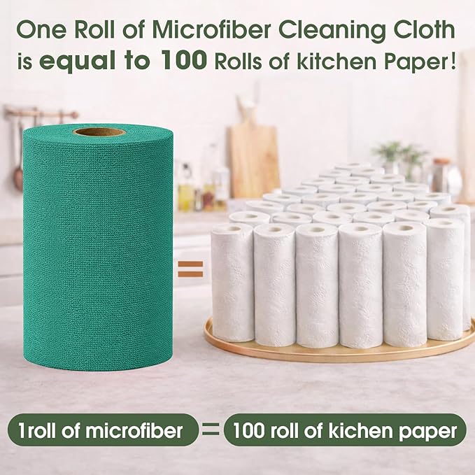 Microfiber Cleaning Cloth Roll–100 Pack Tear Away Microfiber Towels Reusable Washable Scratch-Free Kitchen Towels for Car Home Kitchen Glass Dishes (Malachite Green)