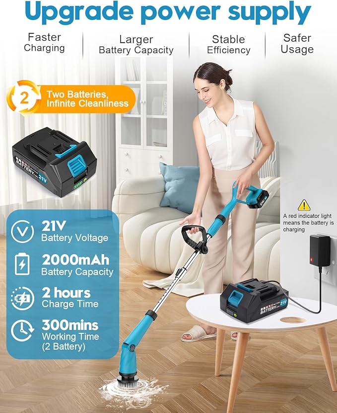 Updated 1500 RPM Battery Electric Spin Scrubber with Handle 8 Replaceable Shower Scrubber &amp 2 Battery Powered Cleaning Brush with Display 3 Speed &amp Adjustable Handle Cordless Power Scrubber f
