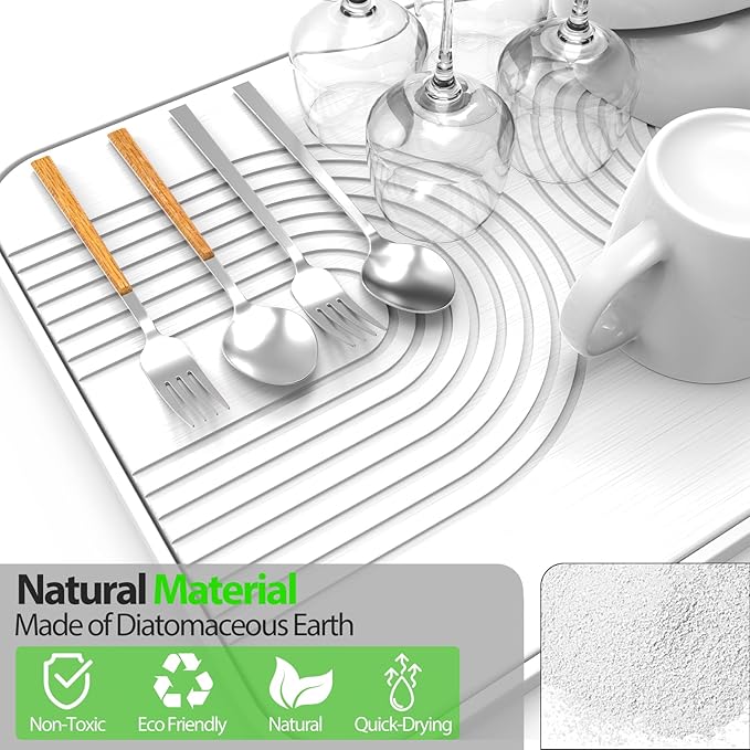 2 PCS Stone Dish Drying Mat ＆ Silicone Mat for Kitchen Counter – Diatomaceous Earth Bath Mat for Bathroom 16.14L×12.4W×2 Quick Dry Mats for Dishes Bottles Cups Match Any Countertop(White)