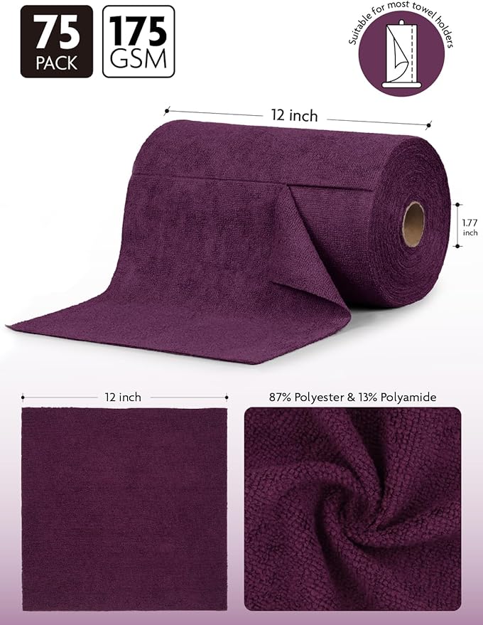 Fantasticlean Microfiber Cleaning Cloth Roll -75 Pack Tear Away Microfiber Towels 12 x 12 Reusable Washable Scratch Free Ultra Absorbent for All-Around Cleaning Supplies (Dark Purple)