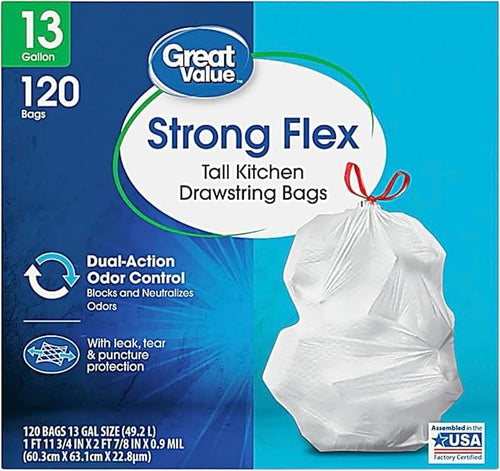 13-Gallon Tall Kitchen Trash Bags with Drawstring Fresh Scent 120 Count – Strong Flex Tear-Resistant