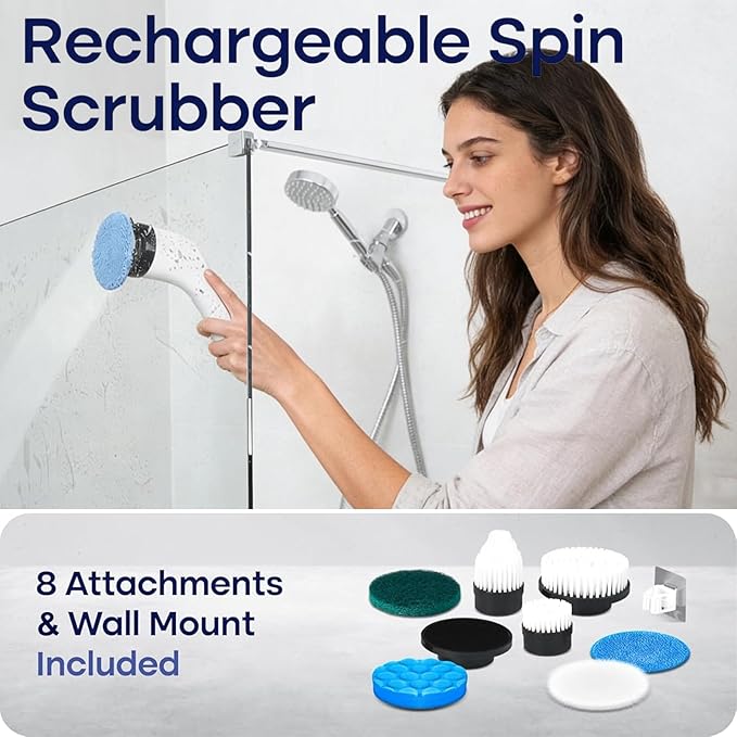 Electric Spin Scrubber for Cleaning Adjustable Shower Brush with 7 Replaceable Heads &amp Power LED Display 2 Speed Waterproof Cordless Shower Scrubber for Bathtub Kitchen Car White