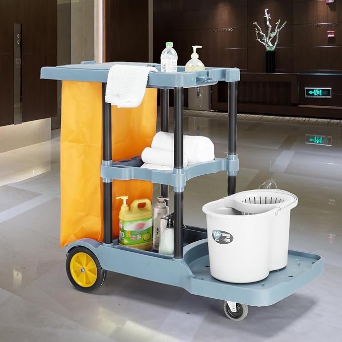 TUFFIOM Commercial Traditional Cleaning Janitorial 3-Shelf Cart 500 Lbs Capacity Housekeeping Cart 42.5 L x 18.7 W x 37.6 H Wheeled with 22 Gallon Yellow Vinyl Bag and Cover w lid Blue