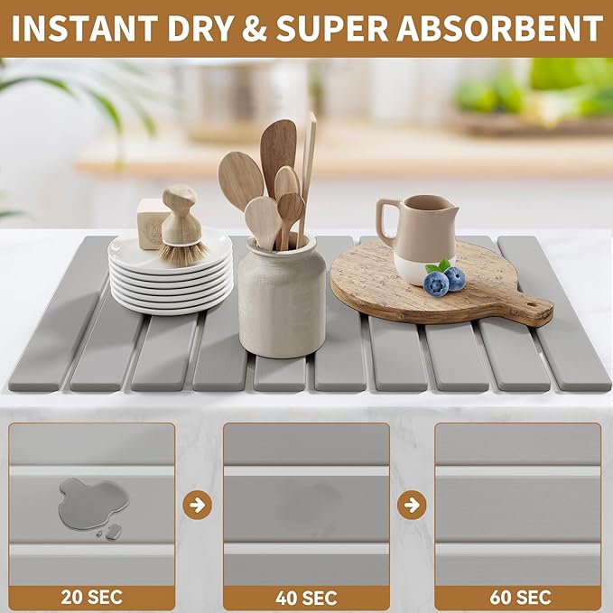 Stone Dish Drying Mats for Kitchen Counter-23.6''x15.3'' Foldable Quick Dry Stone Mat KitchenEco-FriendlyAbsorbent Diatomaceous Earth Mats for Dishes Bottles Cups Bathroom Any Countertop-Light Gray