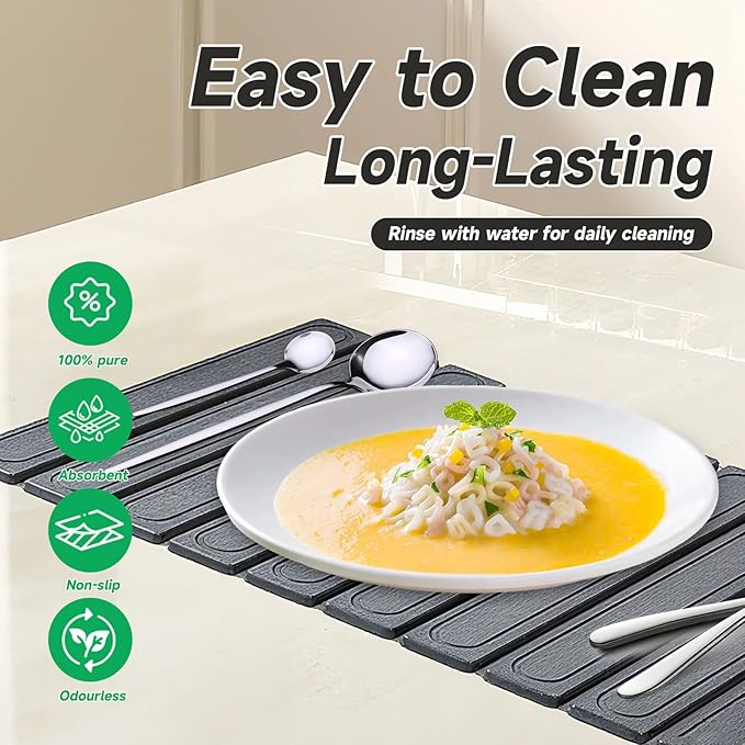 Foldable Stone Drying Mat for Kitchen Counter 24x15 Quick Dry Diatomaceous Earth Dish Drying Mat Multipurpose Counter Protector Heat-Resistant &amp Non-Slip Easy to Clean (Light grayOval)