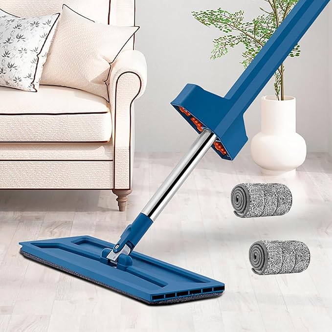Large Flat Mop 360° Rotatable Cleaning Mop Self Wringing Flat Mops Microfiber Flat Mop with Stainless Steel Handle Tile Hardwood Floors Windows Quick Clean(2pcs)