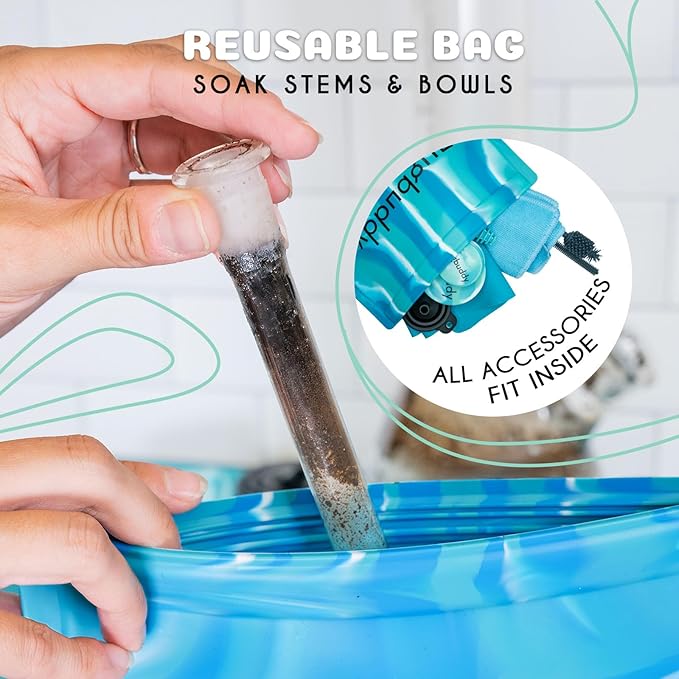 Glass Cleaning Kit - Reusable Silicone Accessories - Complete Kit to Clean your Piece Just Add Cleaner - Reusable Soaker Bag Brushes Mat Caps &amp Plugs Funnel &amp Microfiber Towel