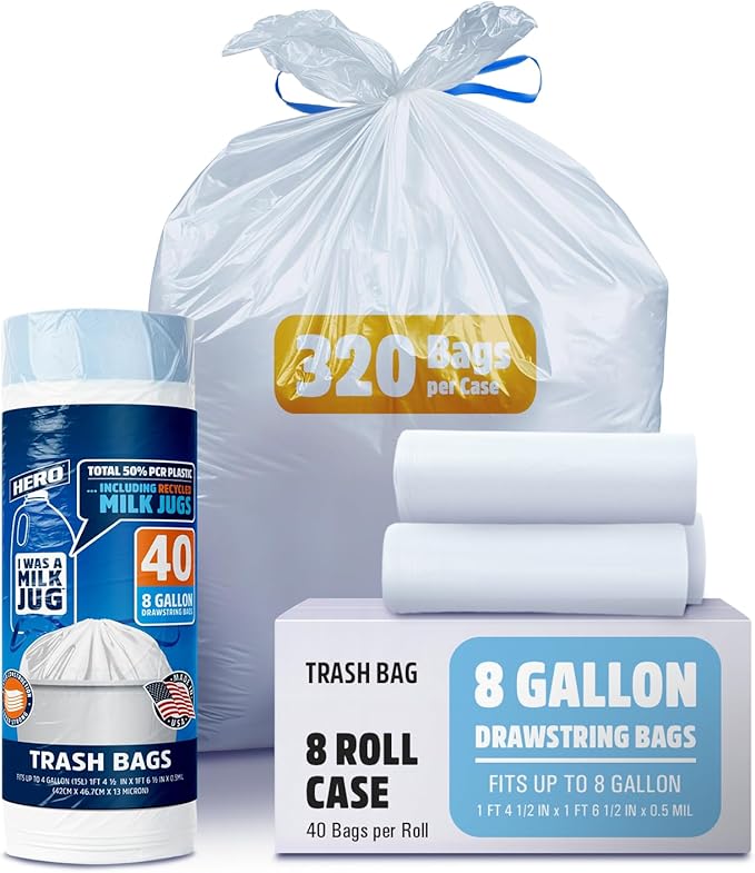 Hero I Was A Milk Jug Trash Bags 8 Gallon 320 Bag Bulk Case Recycled Bathroom Office Kitchen Small Trash Bag