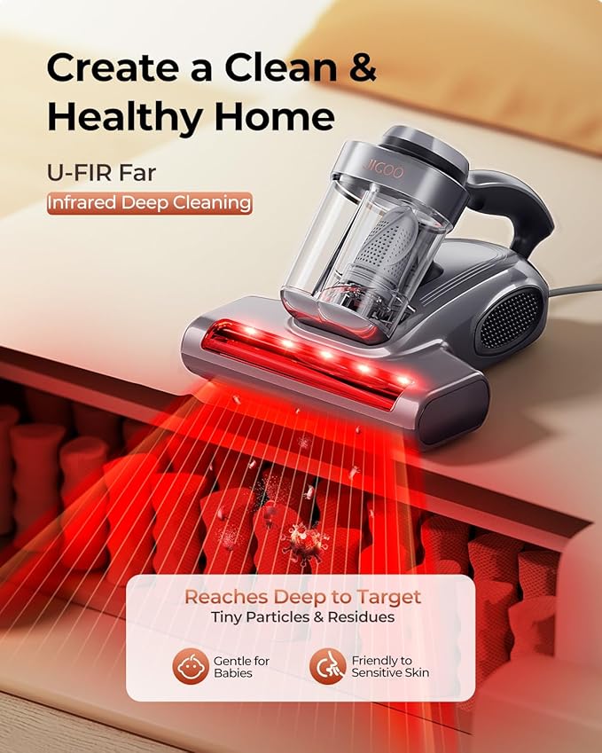 JIGOO J300 Pro Matture Vacuum Cleaner with 14Kpa 550W Powerful Suction Infrared UV &amp Heating Tech for Deep Cleaning Anti-Allergen Bed Vacuum with Dust Sensor &amp Plant Fragrance for Bed Sofa